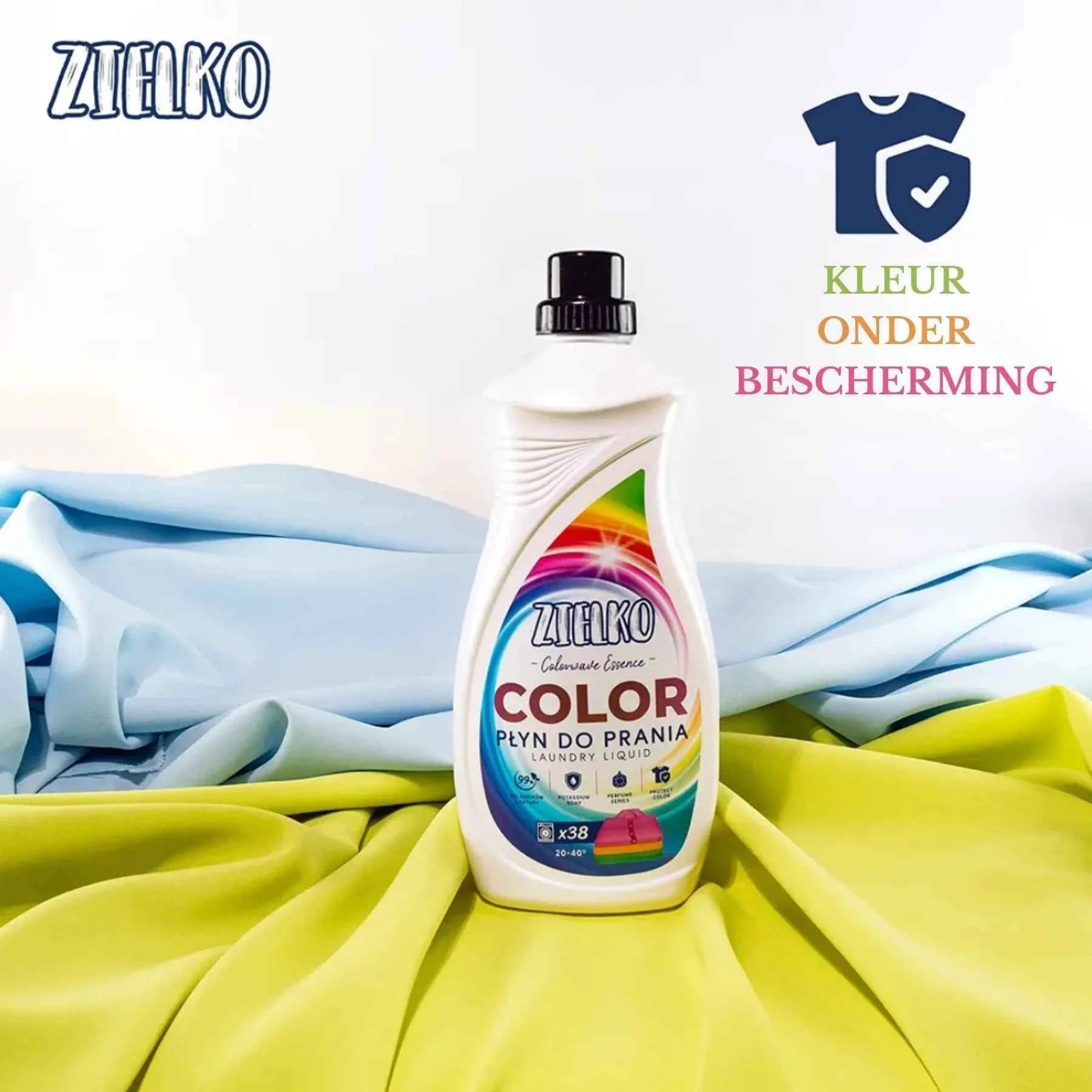 ZIELKO wasmiddel beschermt kleuren van stoffen, fles op lichtblauwe en groene stof, milieuvriendelijk wassen.