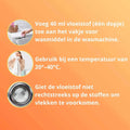 Gebruiksaanwijzing ZIELKO wasmiddel: voeg 40 ml toe, gebruik bij 20–40°C, giet niet rechtstreeks op stoffen.