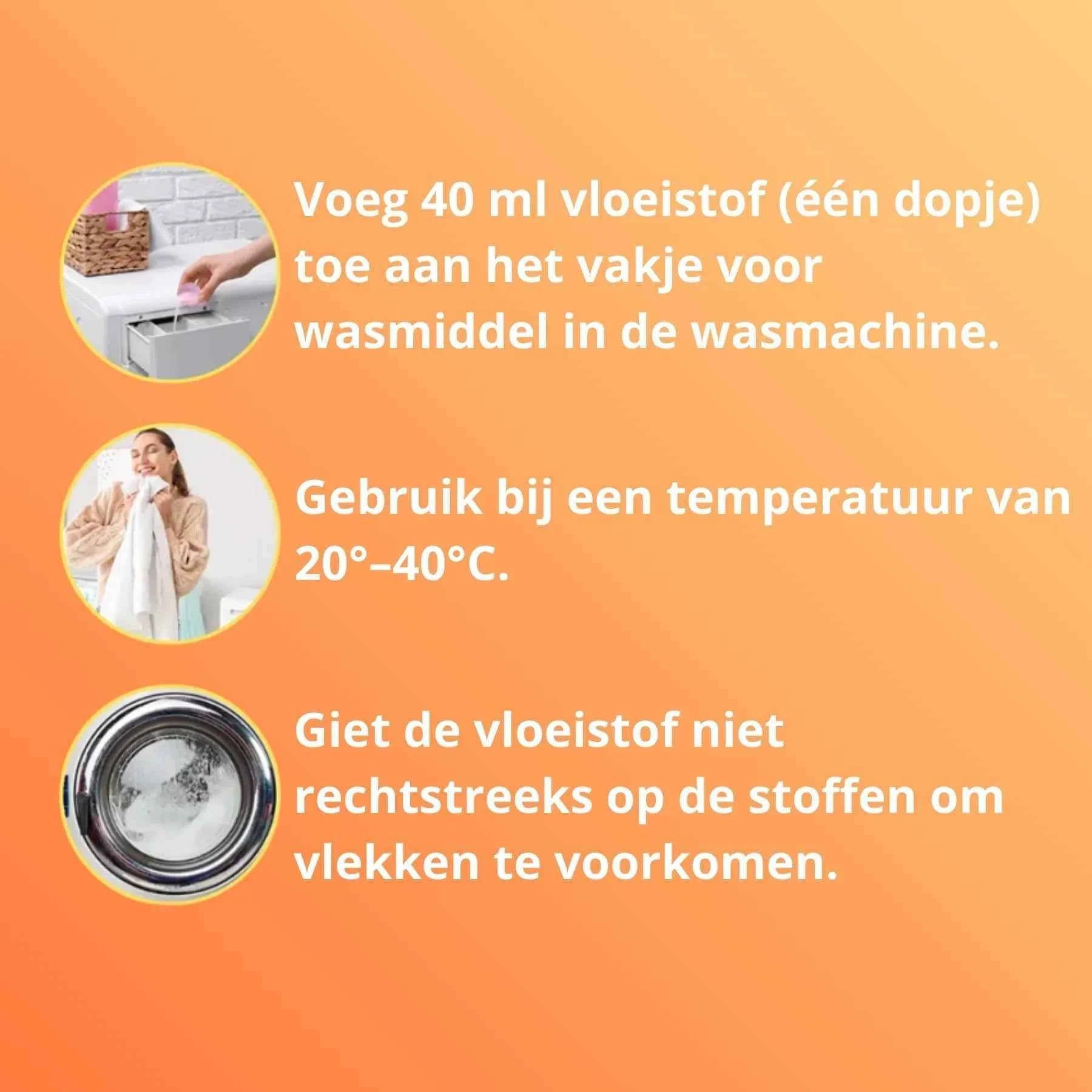 Gebruiksaanwijzing ZIELKO wasmiddel: voeg 40 ml toe, gebruik bij 20–40°C, giet niet rechtstreeks op stoffen.