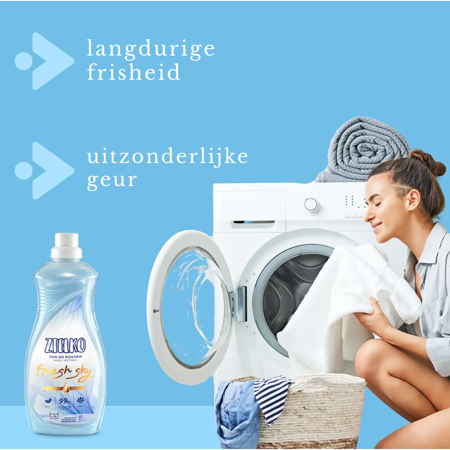 Langdurige frisheid en uitzonderlijke geur met ZIELKO Fresh Sky natuurlijke wasverzachter.