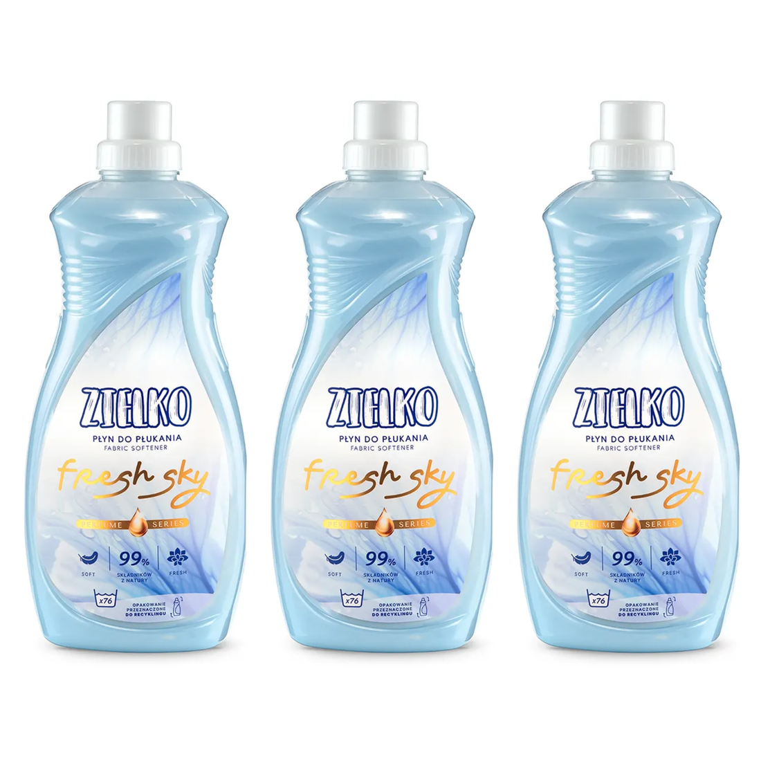 Drie flessen ZIELKO Fresh Sky wasverzachter, natuurlijke formule met frisse geur.