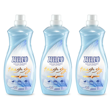 Drie flessen ZIELKO Fresh Sky wasverzachter, natuurlijke formule met frisse geur.