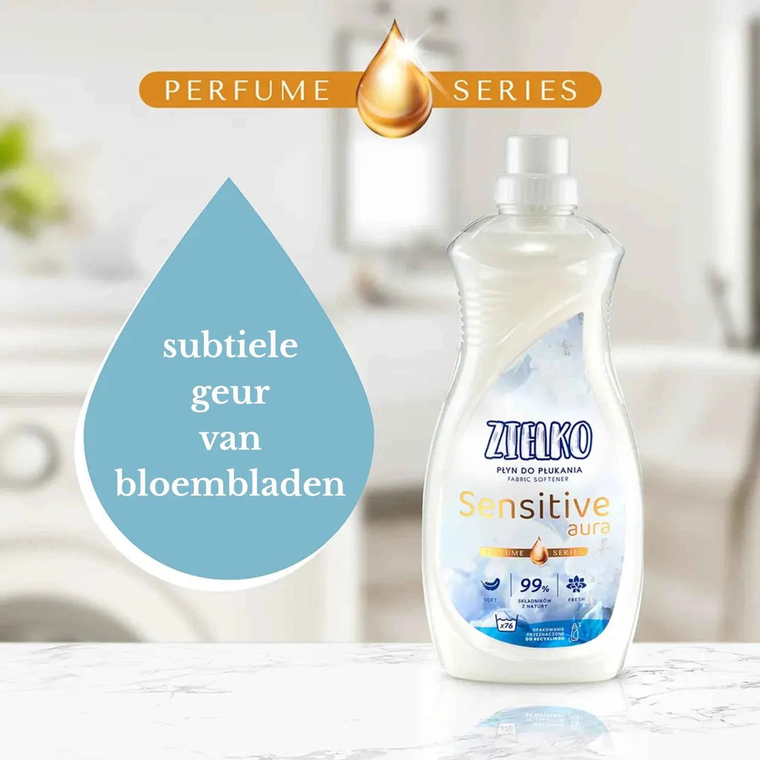 Drie flessen ZIELKO Sensitive Aura wasverzachter, natuurlijke formule voor gevoelige huid en frisheid.