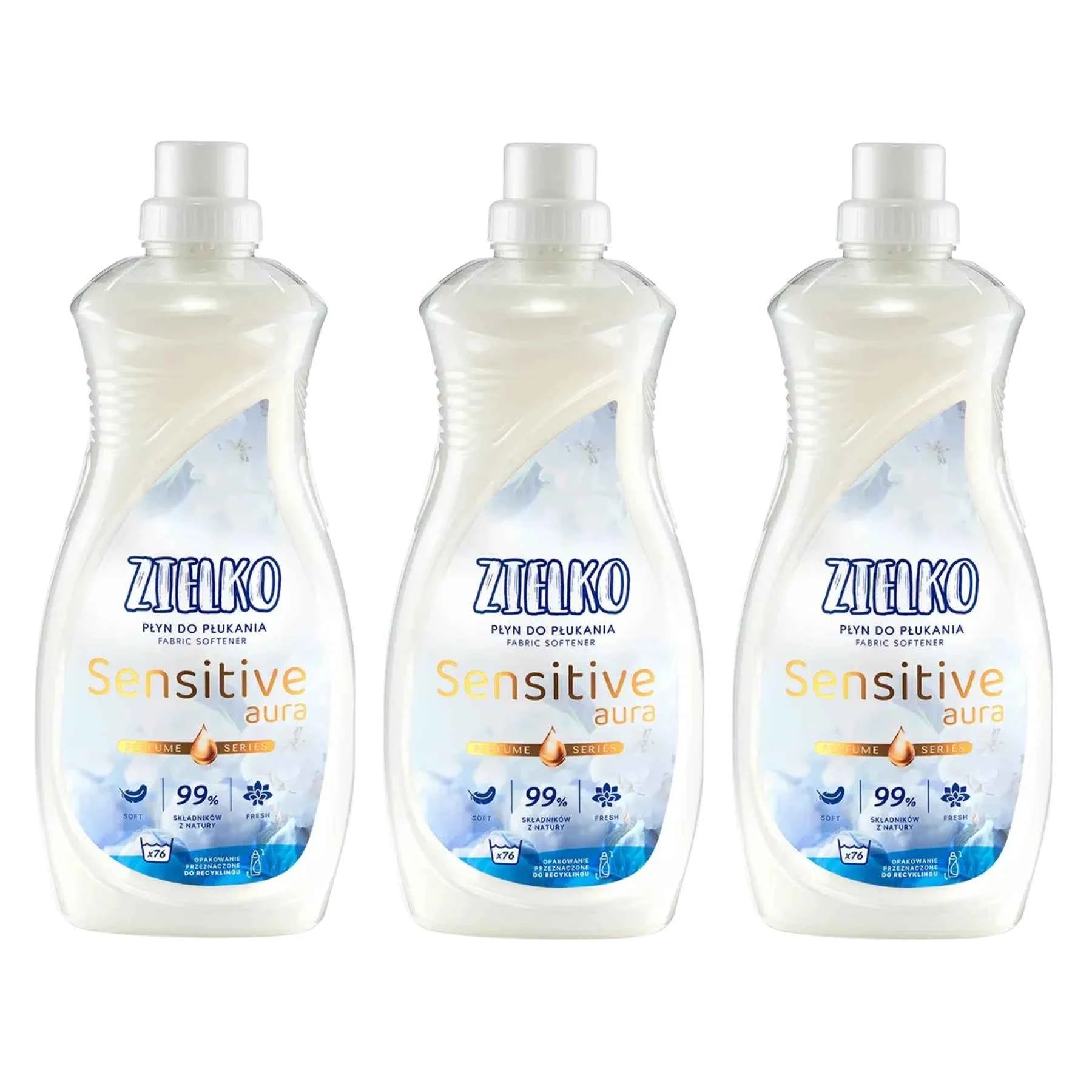 Drie flessen ZIELKO Sensitive Aura wasverzachter, natuurlijke formule voor gevoelige huid en frisheid.