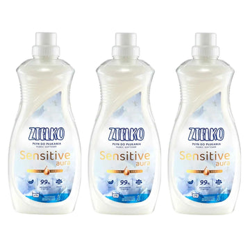 Drie flessen ZIELKO Sensitive Aura wasverzachter, natuurlijke formule voor gevoelige huid en frisheid.