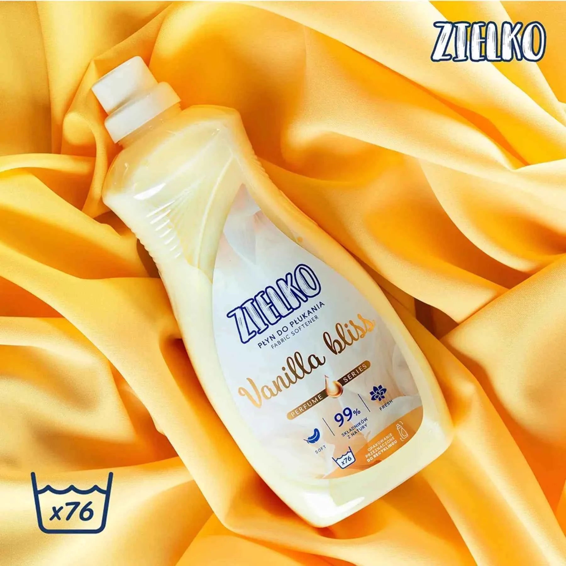 ZIELKO Vanilla Bliss wasverzachter op gouden stof, tot 76 wasbeurten per fles.