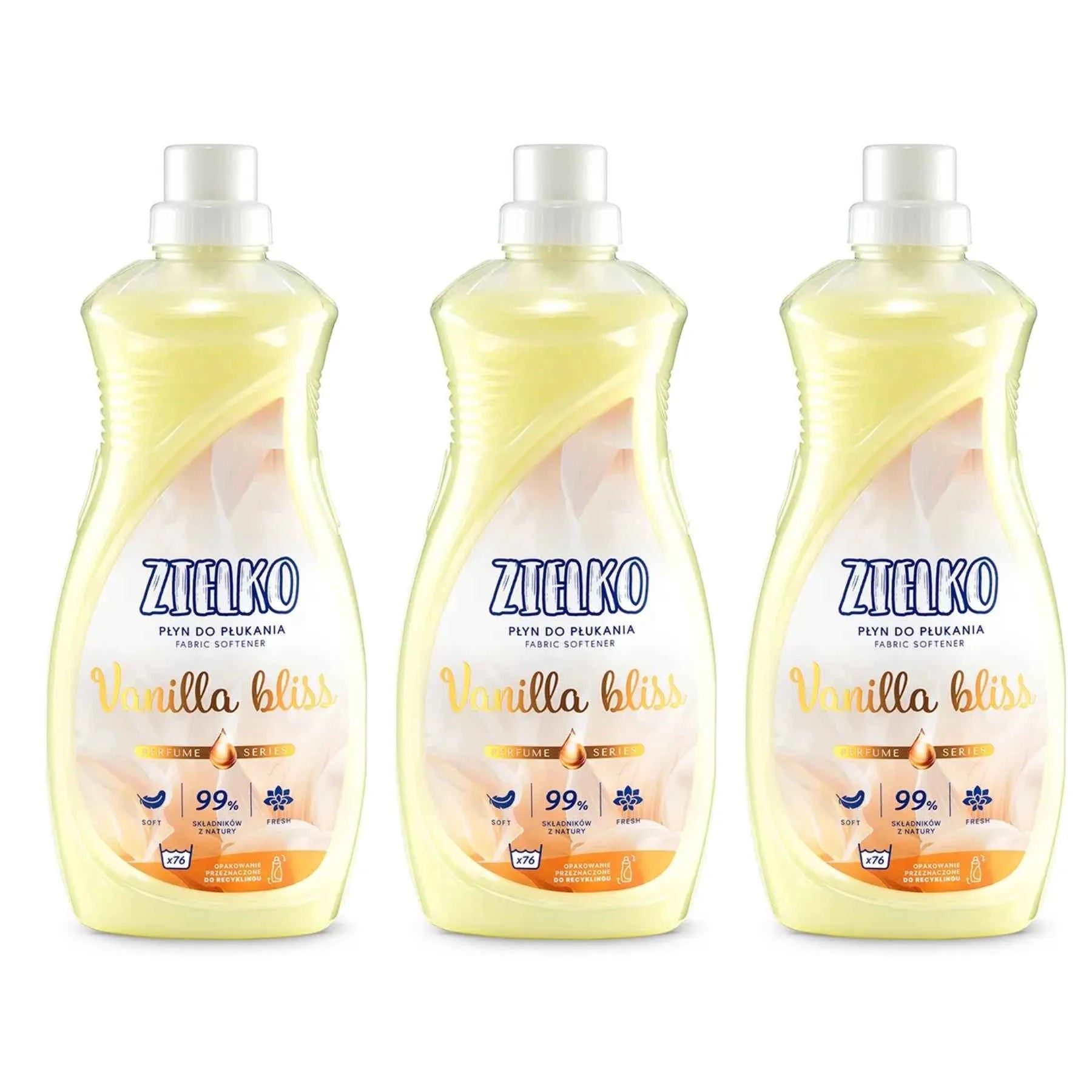 Drie flessen ZIELKO Vanilla Bliss wasverzachter, parfumserie met vanille en bloemige frisheid.