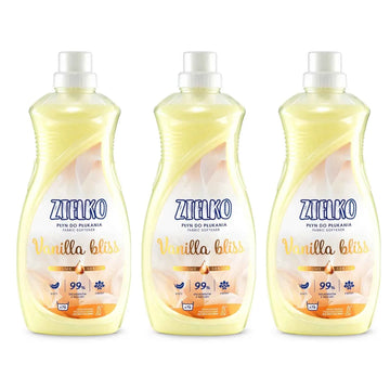 Drie flessen ZIELKO Vanilla Bliss wasverzachter, parfumserie met vanille en bloemige frisheid.