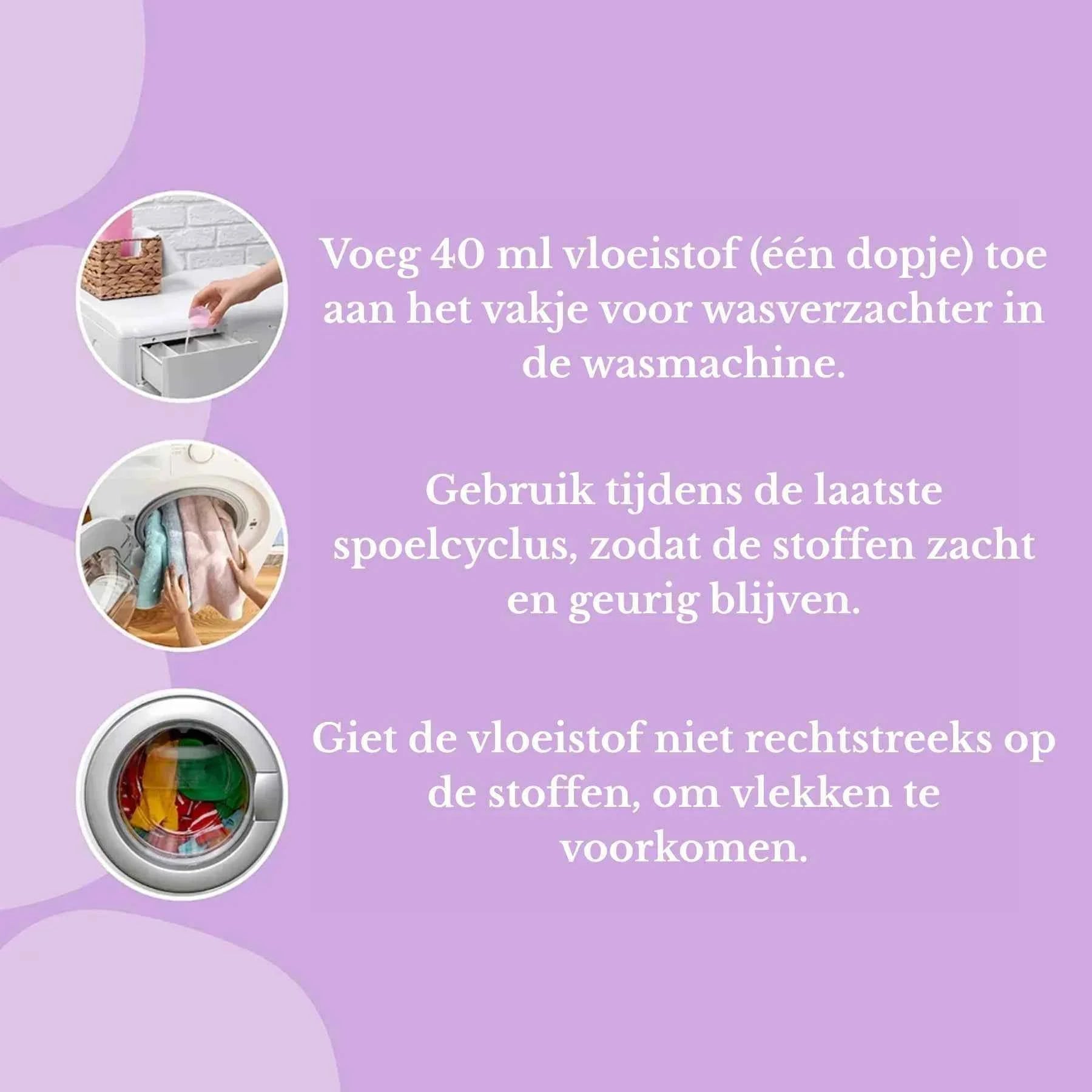 Gebruiksaanwijzing ZIELKO wasverzachter: 40 ml vloeistof toevoegen, gebruiken tijdens de laatste spoelcyclus.