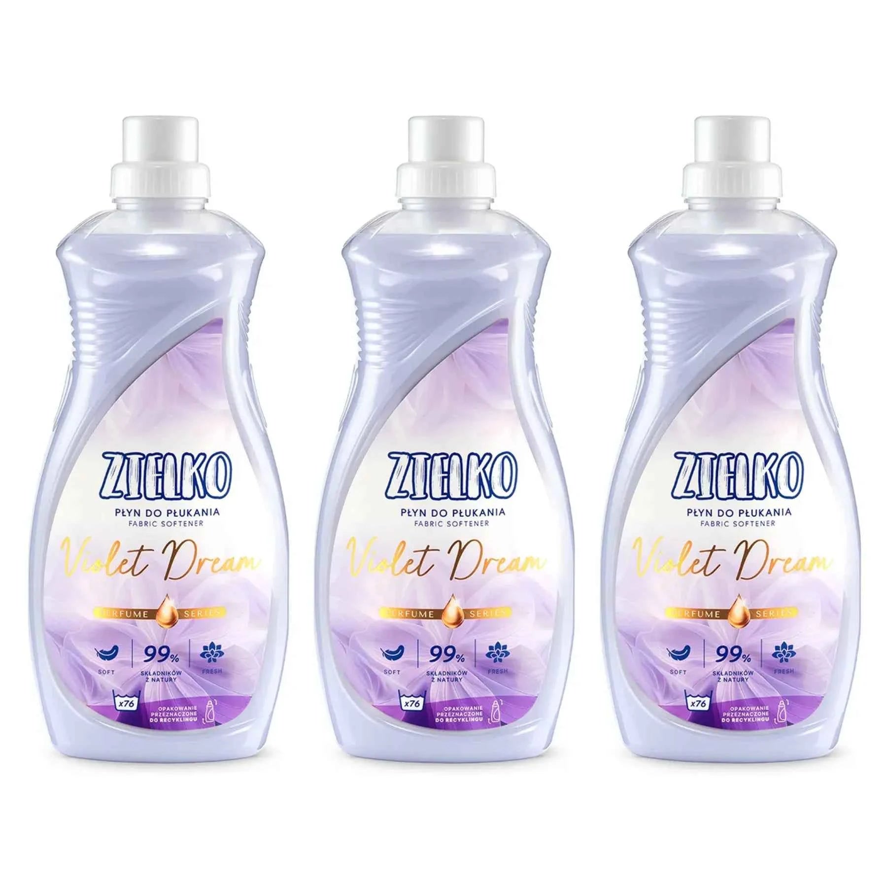 Drie flessen ZIELKO Violet Dream wasverzachter, parfumserie met bloemige frisheid en zachte werking.