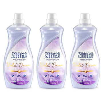 Drie flessen ZIELKO Violet Dream wasverzachter, parfumserie met bloemige frisheid en zachte werking.