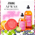 ZIELKO Afwasmiddel Roze Grapefruit in 500ml en 1L fles, omringd door grapefruits en bosbessen – verwijdert vlekken van keukenservies, tafelgerei en bestek