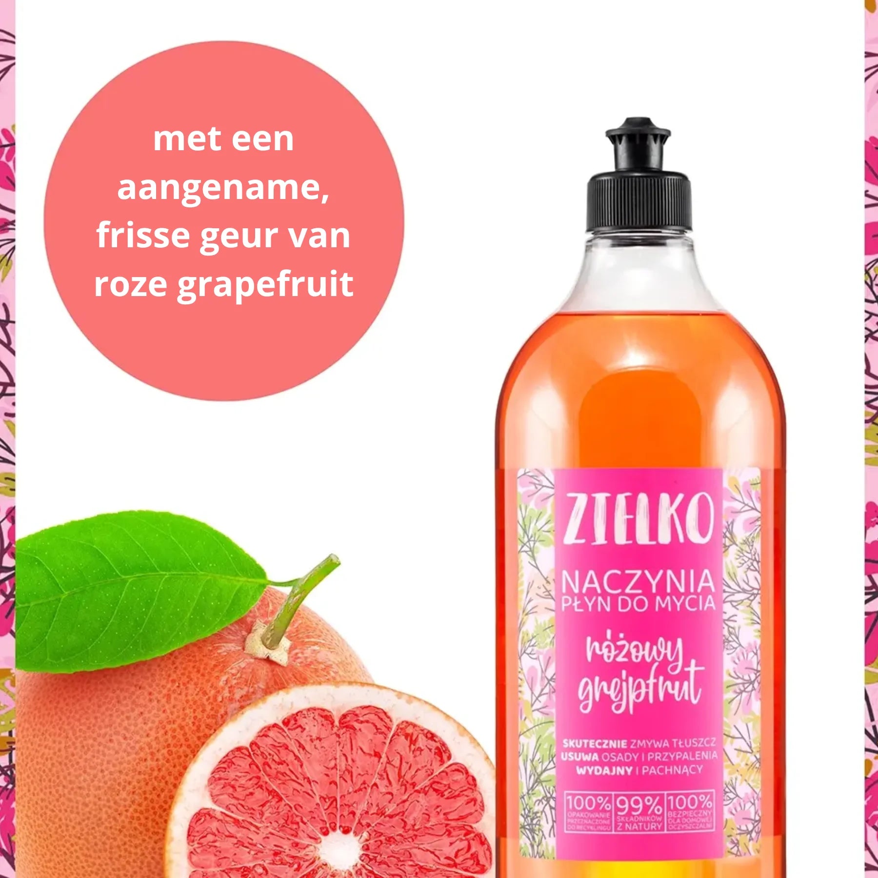 ZIELKO Afwasmiddel Roze Grapefruit 1L met verse grapefruit – aangename, frisse geur