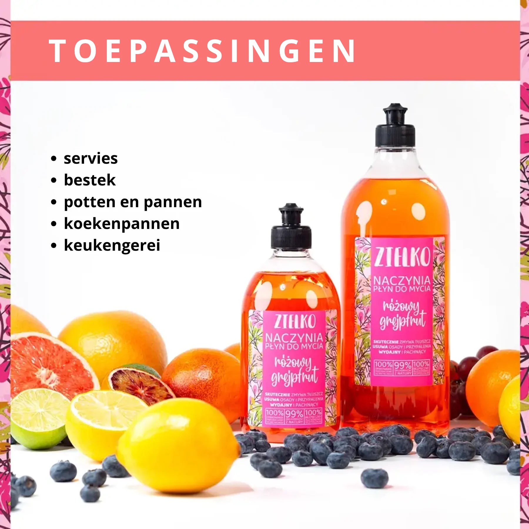 ZIELKO Afwasmiddel Roze Grapefruit toepassingen: servies, bestek, potten en pannen, koekenpannen en keukengerei
