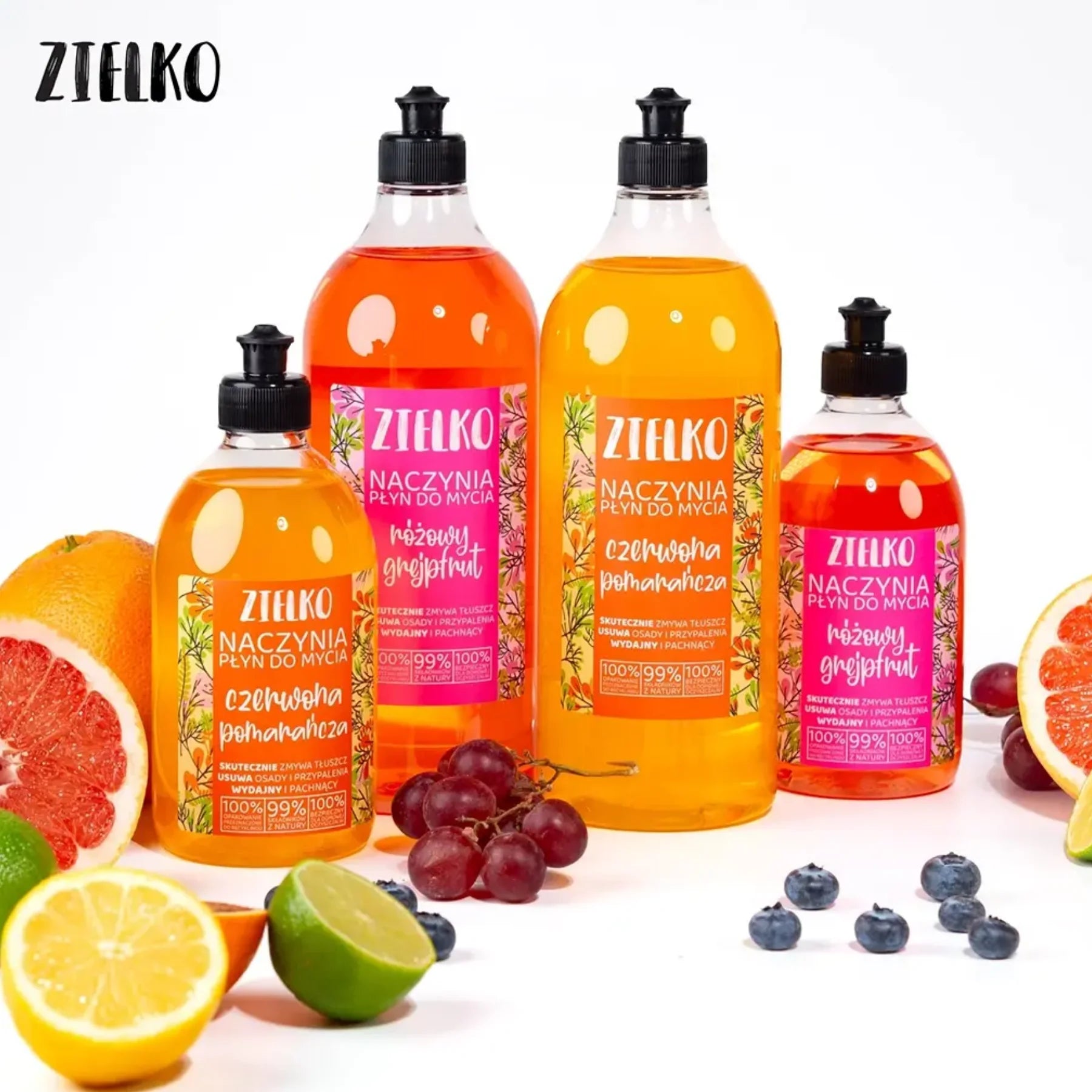 ZIELKO Afwasmiddel collectie – Roze Grapefruit en Rode Sinaasappel in 500ml en 1L, omringd door citrusvruchten