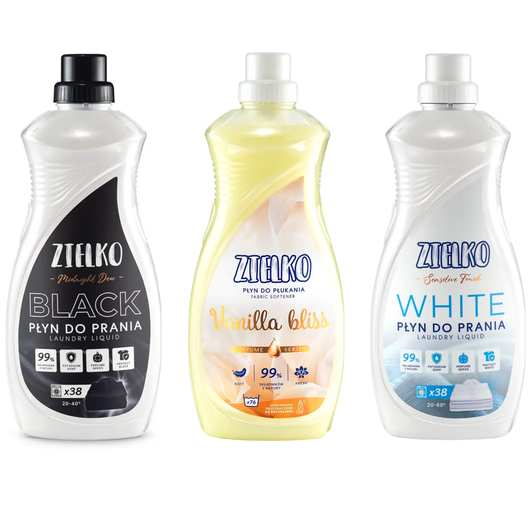 Zielko wasmiddel en wasverzachter set – Black wasmiddel, White wasmiddel en Vanilla Bliss wasverzachter