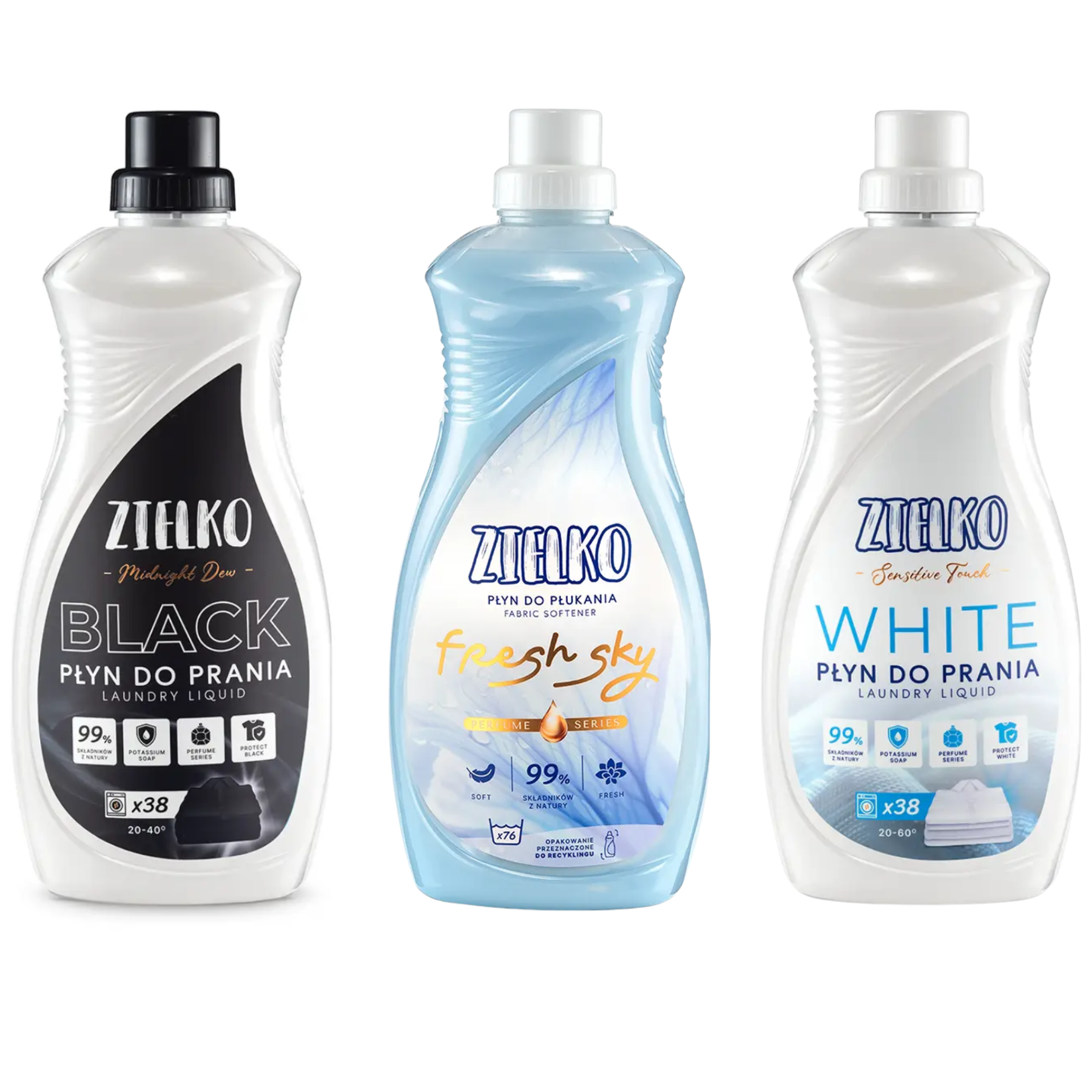 Zielko wasmiddel en wasverzachter set – Black wasmiddel, White wasmiddel en Fresh Sky wasverzachter