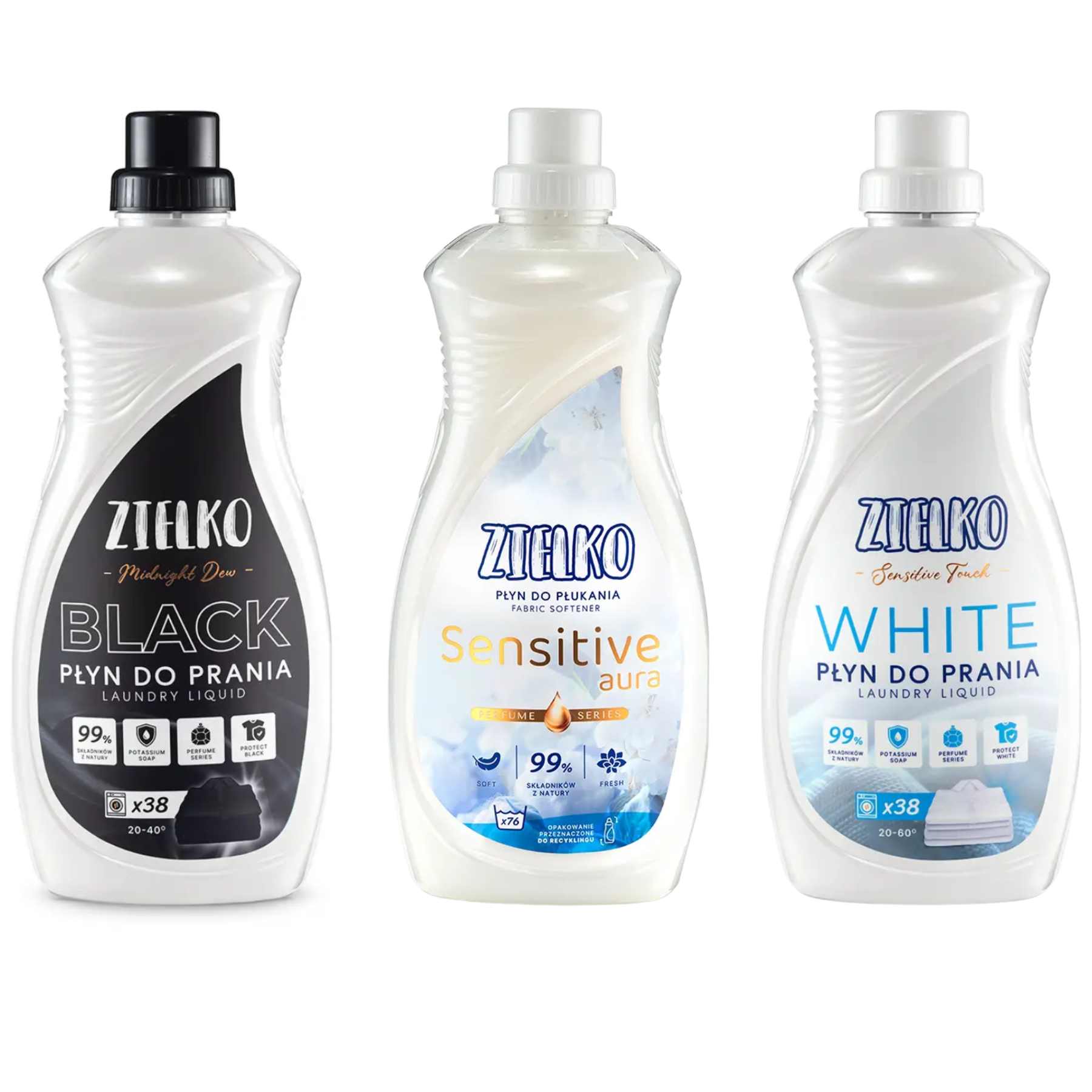 Zielko wasmiddel en wasverzachter set – Black wasmiddel, White wasmiddel en Sensitive Aura wasverzachter